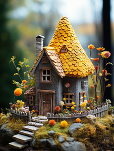 手工房子黄色房顶立体可爱的羊毛毡卡通小房子插画