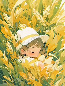 女孩躺在麦垛上秋天躺在麦田中可爱的卡通小女孩插画