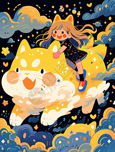 骑在巨大黄色猫身上的卡通女孩图片