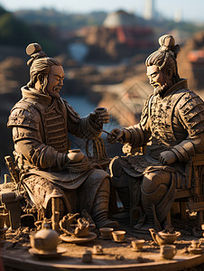泥人仿文物坐在一起喝茶穿盔甲的雕塑插画