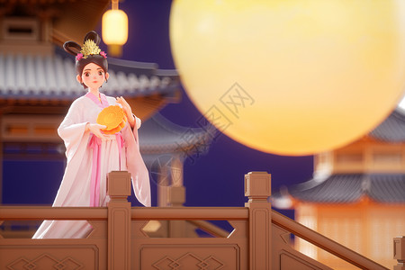 古风汉服素材中秋节嫦娥拿月饼场景设计图片