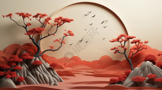 几棵红色树在山上剪纸风唯美的卡通风景背景图片