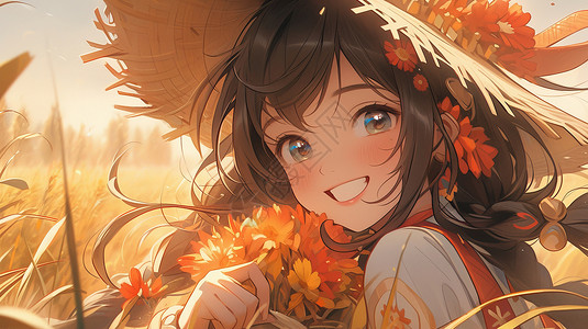 秋天戴草帽的可爱卡通女孩抱着花朵图片