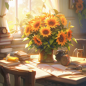 午后放在桌子上一束漂亮的向日葵背景图片