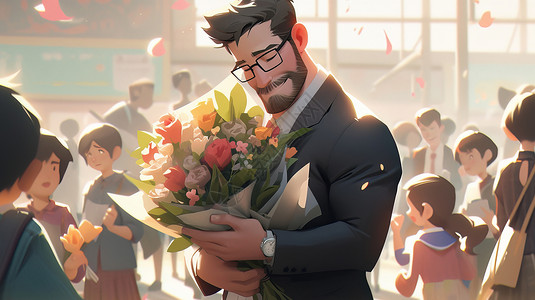 抱着花束站在学生中间的卡通男老师背景图片