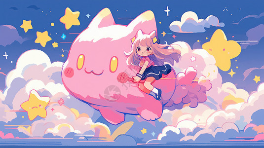 与巨大的粉色卡通猫在天空一起飞的可爱卡通小女孩图片