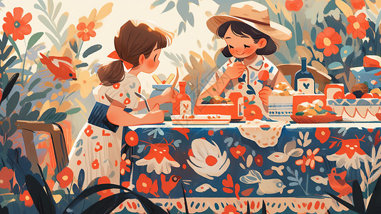 坐在餐桌上一起吃饭的两个卡通小女孩背景图片