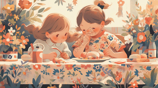 铺着花桌布的餐桌上两个卡通小女孩在一起吃饭背景图片