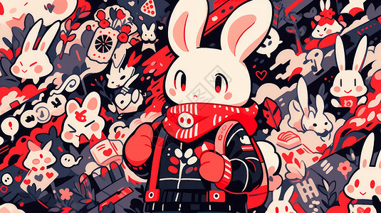 围着红色围巾时尚可爱的卡通小白兔背景图片