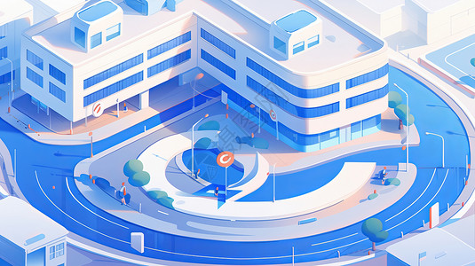 蓝色调科技感的卡通医院建筑背景图片