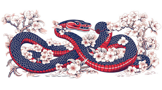 中共十二大十二生肖蓝红剪纸风格之大蛇插画