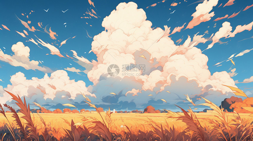 秋天洁白高高的云朵与金黄色的麦子卡通风景图片