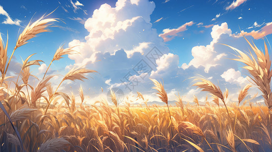 高高的白云与金黄色的麦子地卡通风景背景图片
