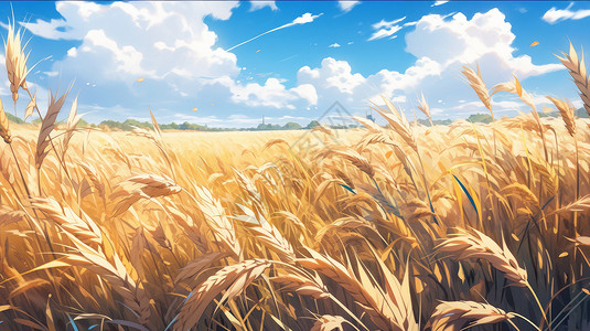 唯美金黄色卡通麦子地与蓝天背景图片