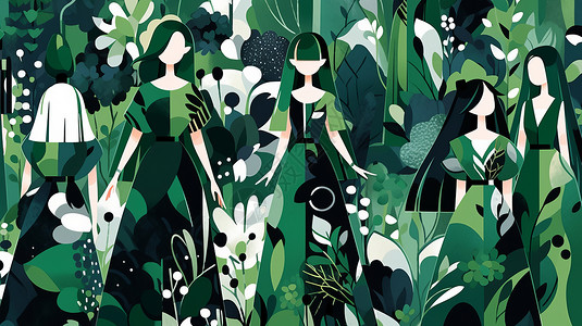 扁平风抽象的卡通人物站在植物中间背景图片
