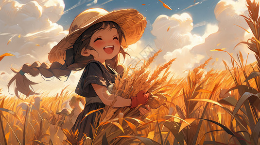 卡通太阳帽草帽抱着麦子戴草帽开心笑的卡通女孩插画