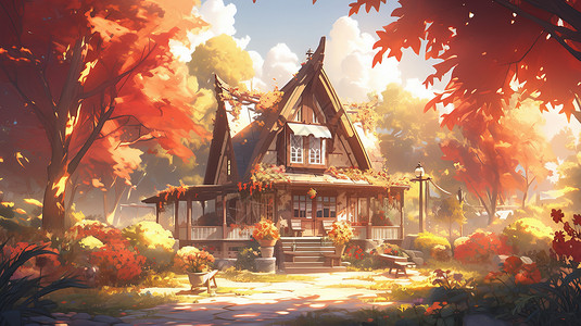 秋天小清新漂亮的卡通小木屋在森林中图片