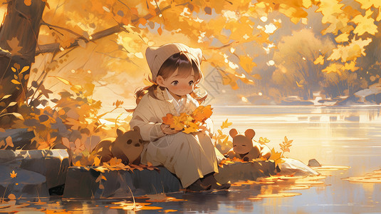 秋天坐在树荫下手捧树叶玩水的卡通小女孩背景图片