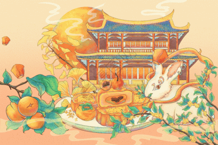 国潮中秋节月饼玉兔柿子城市风景氛围插画GIF图片
