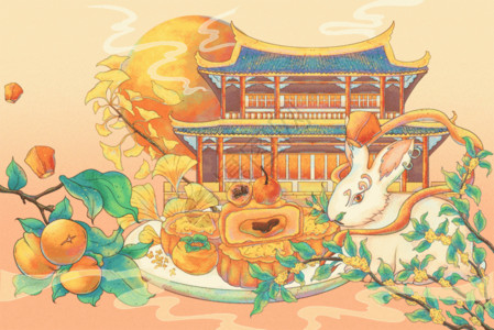 茶几果盘国潮中秋节月饼玉兔柿子城市风景氛围插画GIF高清图片