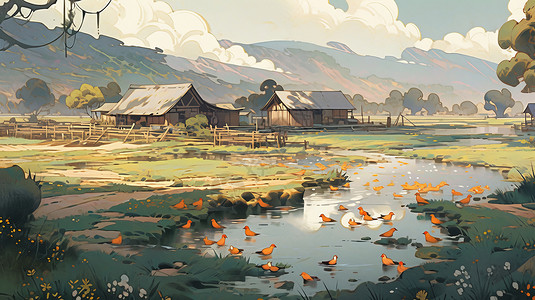 唯美卡通风景河塘旁几座卡通小木屋背景图片