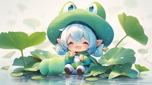 青蛙和小精灵坐在荷叶上戴着青蛙帽子的可爱卡通小女孩插画