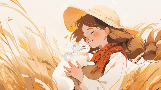 白色太阳帽抱着白色宠物猫在金黄色麦子地中的卡通女孩插画
