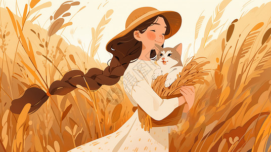 秋天抱着宠物狗在金黄色麦子地中的卡通女孩图片