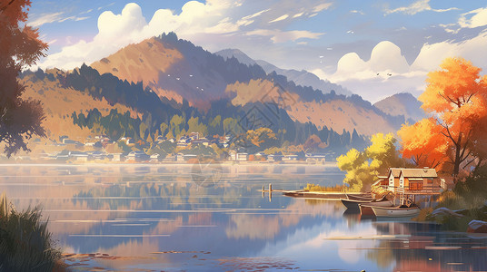 秋天小山村唯美的卡通山水风景图片