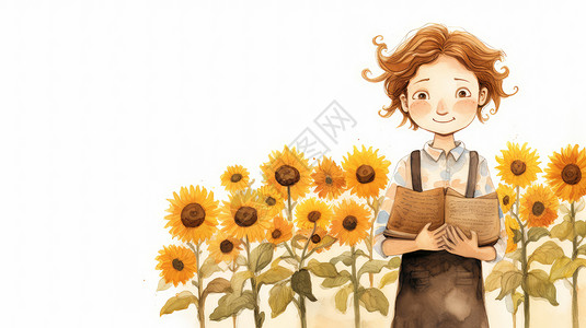 白色向日葵打开看书的卡通人物站在向日葵插画