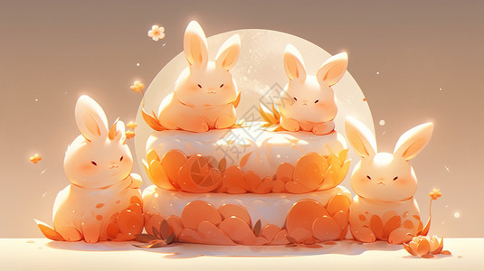 躺在月饼上在糕点上可爱的卡通小白兔插画
