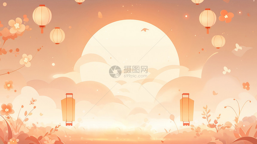 中秋节可爱的卡通兔子在奔跑向月亮图片