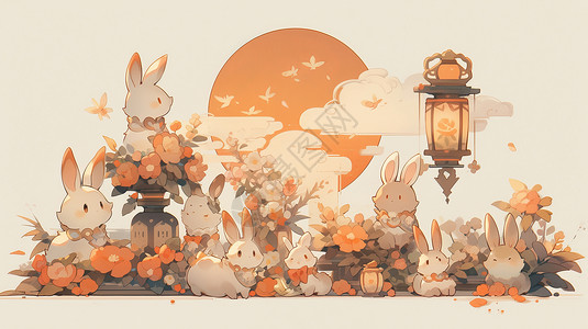 中秋节一起欣赏月亮的卡通兔子们背景图片
