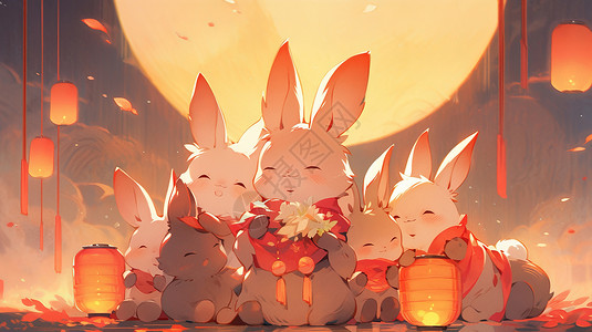 中秋节在一起赏月的卡通兔子背景图片