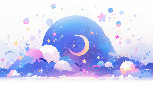 梦幻紫色调天空挂着月牙与星星背景图片
