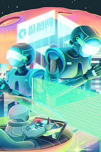 机器人世界赛博朋克未来机器城市主题插画插画