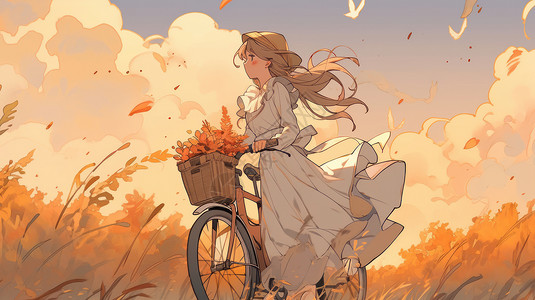 秋天在野外推着自行车的长发卡通女孩插画