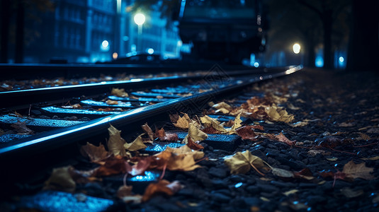 秋天落满黄叶的火车轨道背景图片