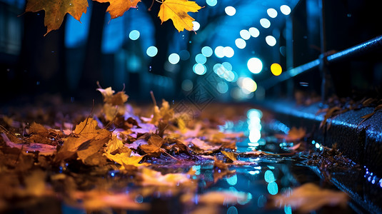 秋天夜晚落满黄叶的道路背景图片