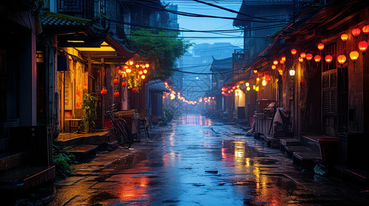 古风喜庆素材雨后点亮喜庆灯笼的古风建筑街道背景