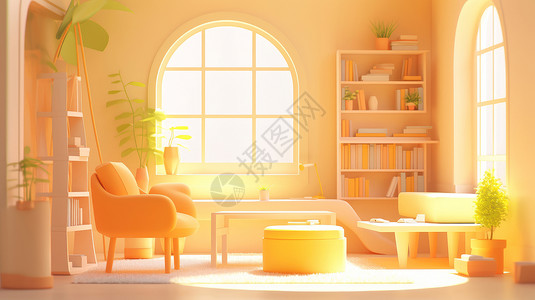 儿童卧室床黄色调温馨的卡通儿童书房插画