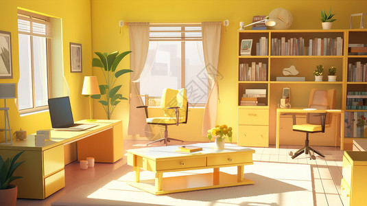 书房办公桌黄色调有书籍和电脑办公桌的卡通房间插画