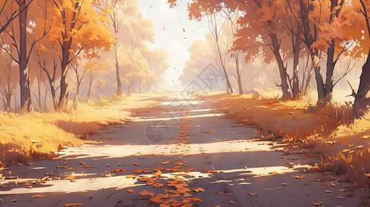 秋天金黄色树林唯美卡通树林风景背景图片