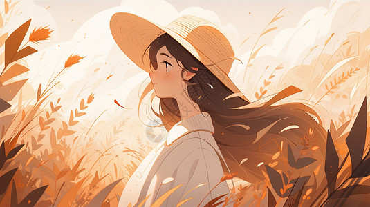 秋天戴帽子的卡通女孩站在草丛中图片