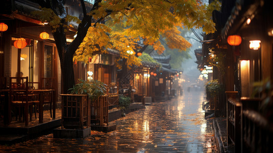 老北京胡同风景秋天雨后灯火通明的古风商业街插画