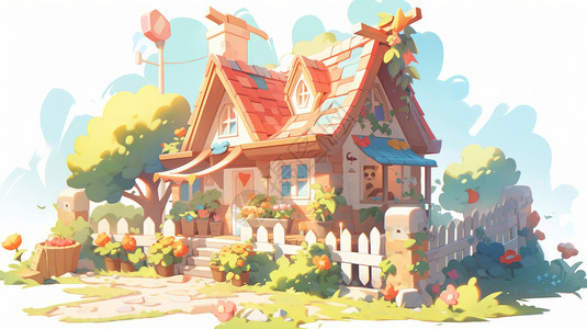 被篱笆围住的可爱卡通房子背景图片