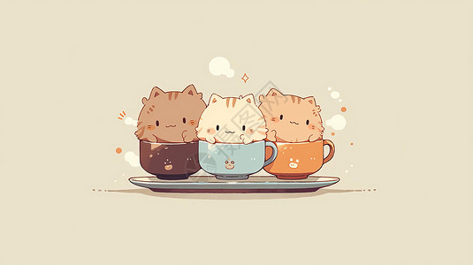 茶杯里小兔兔三只可爱的卡通小猫在咖啡杯里插画