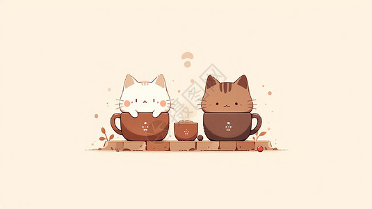 杯中小猫文字框在咖啡杯中两只可爱的卡通猫插画
