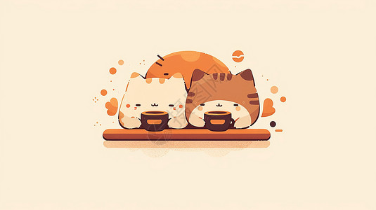 喝小猫崽一起喝咖啡的两只可爱的卡通猫插画