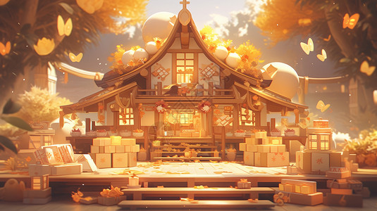 秋天树林中金黄色的卡通小房子背景图片